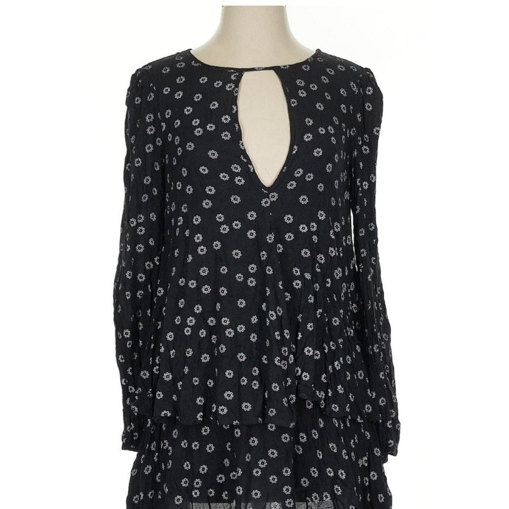 NEW Free People Mini Dress Women SM Floral Deep V Flowy Black Sexy Retro Boho